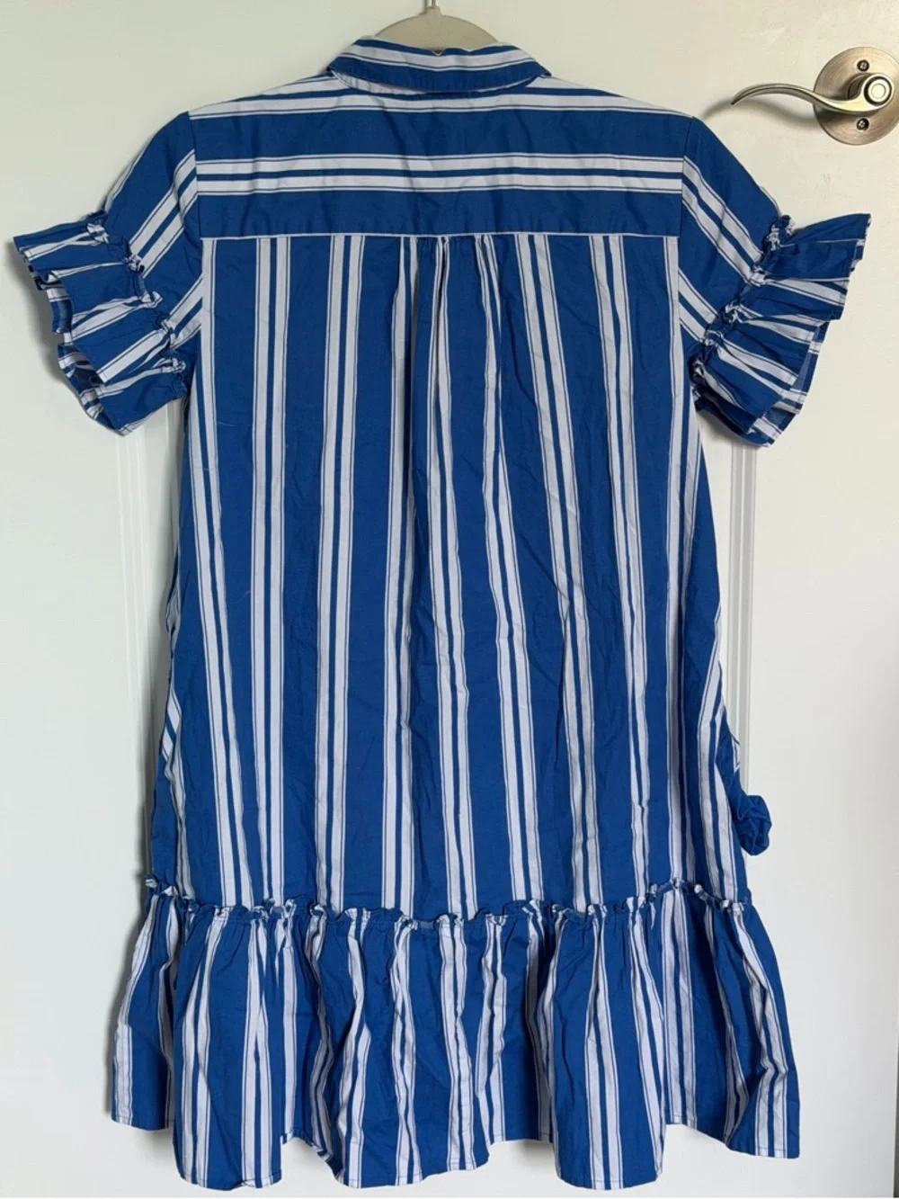 J. Crew Royal Blue & White Striped Ruffle-Sleeve Mini Shirt-Dress 2 54857
